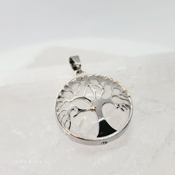 Clear Quartz Crystal Yogi Tree of Life Silver Toned Handmade Pendant 1.5" - Picture 3 of 3